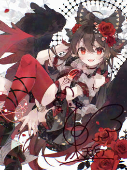 1girl ahoge artist_logo asymmetrical_legwear bird_wings black_hair black_nails black_skirt black_wings bow choker clothing_cutout commentary_request crossed_bangs double-parted_bangs fangs flower hair_bow hair_flower hair_ornament knees_up logo long_hair looking_at_viewer miniskirt puffy_short_sleeves puffy_sleeves red_choker red_eyes red_flower red_nails red_rose red_thighhighs reiuji_utsuho rose shirt short_sleeves shoulder_cutout single_thighhigh skin_fangs skirt smile solo thighhighs third_eye tongue tongue_out touhou toutenkou very_long_hair watermark watermark_grid white_shirt wings