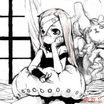 1girl animal animal_on_lap barcode barcode_tattoo blonde_hair blush closed_mouth commentary_request curtains dated dress eyepatch feet_out_of_frame greyscale hand_on_own_chin head_rest long_hair looking_at_viewer maggot monochrome on_lap one_eye_covered original oversized_animal panties pon_(tab_rasa) scar scar_on_face short_bangs short_dress shoulder_tattoo sitting solo spot_color strap_slip stuffed_animal stuffed_toy swept_bangs tattoo teddy_bear underwear w window