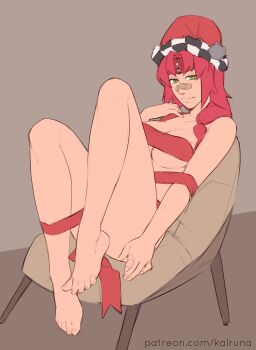 Rule 34 | 1girl, bandaid, bandaid on face, bandaid on nose, chair, kalruna, nude, original, red hair, ribbon, solo