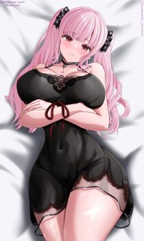 1girl absurdres armanditto bare_shoulders black_choker black_nightgown blush breasts choker cleavage commentary commission double_strap_slip earrings empire_waist english_commentary highres hololive hololive_english jewelry lace-trimmed_nightgown large_breasts long_hair looking_at_viewer mask mask_on_head mori_calliope mori_calliope_(sleepwear) nightgown official_alternate_costume pink_eyes pink_hair red_eyes skull_choker skull_collar skull_earrings sleepwear smile solo strap_slip virtual_youtuber