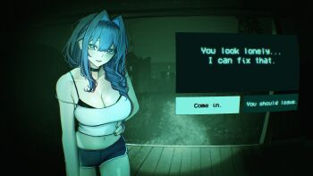 1girl absurdres bare_shoulders blue_hair braid breasts cleavage commentary english_commentary english_text gameplay_mechanics hand_on_own_hip heart heart-shaped_pupils highres hololive hololive_english large_breasts looking_at_viewer meme midriff no_i'm_not_a_human official_alternate_hairstyle open_mouth ouro_kronii pov pov_peephole shorts soju_ice symbol-shaped_pupils virtual_youtuber you_look_lonely_(meme)