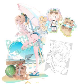 absurdres ass beach beach_umbrella bikini bikini_skirt bird blonde_hair comiket_104 crocs flat_chest food fruit highres holding holding_umbrella hololive holox kazama_iroha palm_tree pokobee ponytail see-through_clothes see-through_shirt shirt shoe_soles side-tie_bikini_bottom standing standing_on_one_leg starfish swimsuit thighs tree umbrella umibouzu_(niito) virtual_youtuber watermark watermelon whistle