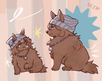 animal_ears animal_focus animalization beanie brown_fur closed_mouth dice dice_necklace dog ears_through_headwear grey_hat hair_between_eyes happycricketbox hat highres jewelry nakayama_festa_(umamusume) necklace parted_lips purple_eyes recursive_animalization smile tail umamusume