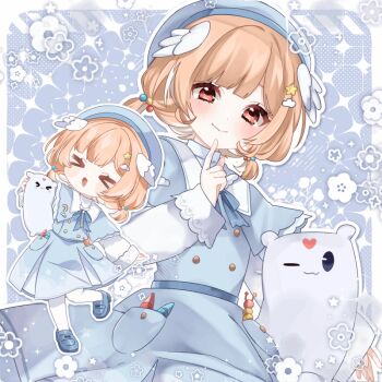>_< 1girl animated animated_gif beret blue_background blue_bow blue_bowtie blue_dress blue_hat blue_shoes blunt_bangs blush bow bowtie capelet chibi chibi_inset closed_eyes closed_mouth cloud_hair_ornament colored_inner_hair commentary commission crayon creature dress dual_persona english_commentary feathered_wings fidget_slug finger_to_mouth flat_chest flower full_body furrowed_brow hair_ornament hat head_wings heart heart-shaped_pupils holding holding_creature indie_virtual_youtuber layered_sleeves light_smile long_sleeves looking_at_viewer looping_animation low_twintails mary_janes mini_wings mochiko_(motiko3) multicolored_hair multiple_expressions nervous_smile official_alternate_costume official_alternate_hairstyle one_eye_closed open_mouth orange_hair pantyhose patterned_background pillow pillow_grab pillowdear pillowdear_(school_uniform) piwwo_(pillowdear) pleated_dress pout puckered_lips puffy_long_sleeves puffy_sleeves red_eyes second-party_source shoes short_twintails sidelocks skeb_commission smile sparkle star_(symbol) star_hair_ornament streaked_hair swept_bangs symbol-shaped_pupils tongue tongue_out turtleneck twintails upper_body virtual_youtuber white_hair white_pantyhose white_streaks wings