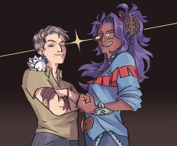 2girls arm_tattoo asymmetrical_hair blue_shirt brown_shirt collared_shirt crossed_arms dark-skinned_female dark_skin gen_8_pokemon glasses hair_ornament highres jacqsaints jetsam_(itsraijet) long_hair looking_at_viewer multiple_girls nintendo original pokemon pokemon_(creature) pokemon_sv ponytail purple_hair raifort_(pokemon) shirt short_hair short_sleeves sidecut snom tattoo undercut