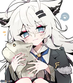 1girl ^^^ alternate_costume animal animal_ears antenna_hair arknights black_coat blue_eyes blue_neckerchief blush bright_pupils chinese_commentary coat commentary_request floating_hair hair_between_eyes hair_ornament hairpin highres holding holding_animal kyou_039 lappland_(arknights) light_smile long_hair long_sleeves looking_at_viewer messy_hair neckerchief no_nose simple_background solo spoken_paw_print twitter_username upper_body white_background white_hair white_pupils wolf wolf_ears