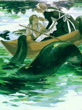 2girls boat breasts dress full_body fxxkungus00 green_background green_dress green_eyes green_hair green_theme highres holding_hands lamia long_hair looking_at_another maid maid_headdress medium_breasts monster_girl multiple_girls oar original outdoors rowboat short_hair water watercraft wet yuri