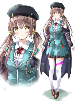 Rule 34 | 1girl, absurdres, alternate hairstyle, aqua skirt, aqua vest, arms at sides, ayaro (genkiloobaii), bare shoulders, beret, black hat, blush, breasts, brown hair, brown shoes, closed mouth, collared shirt, commentary request, crescent, crescent earrings, earrings, eyelashes, full body, hair between eyes, hair ornament, hair scrunchie, hat, heaven burns red, highres, jewelry, large breasts, light particles, loafers, long hair, long sleeves, looking at viewer, low twintails, miniskirt, neck ribbon, off-shoulder shirt, off shoulder, ooshima ichiko, pleated skirt, red ribbon, ribbon, scrunchie, shirt, shoes, signature, simple background, single earring, skirt, smile, solo, standing, straight hair, thighhighs, twintails, vest, white background, white shirt, white thighhighs, yellow eyes, yellow scrunchie, zettai ryouiki, zoom layer