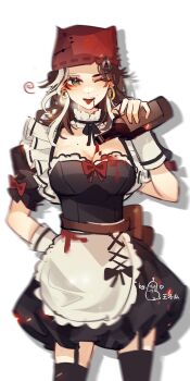 1girl absurdres apron black_dress black_thighhighs blush bottle bow breasts brown_hair cleavage demi_bourbon dress earrings garter_straps green_eyes hat highres holding holding_bottle hua-nian identity_v jewelry large_breasts long_hair looking_at_viewer maid maid_apron medium_breasts mole mole_on_breast multicolored_hair one_eye_closed open_mouth puffy_sleeves ribbon short_sleeves smile solo streaked_hair thighhighs tongue white_background wrist_cuffs