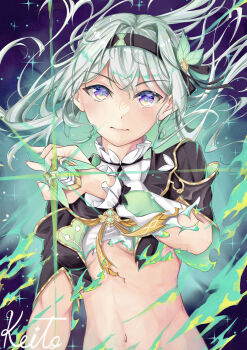 absurdres blush breasts closed_mouth deathcure0722 firefly_(honkai:_star_rail) grey_hair hair_between_eyes hair_ornament henshin highres holding honkai:_star_rail honkai_(series) long_hair long_sleeves looking_at_viewer navel necktie orange_necktie pink_eyes stomach torn_clothes transformation