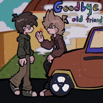 Rule 34 | 2boys, :d, ^ ^, animification, antenna hair, black pants, blue sky, brown hair, brown pants, canon event, car, chinese commentary, cigarette, closed eyes, cloud, commentary request, drawstring, edd (eddsworld), eddsworld, english text, fence, film grain, flipped hair, from side, full body, grass, green eyes, green hoodie, hair behind ear, hair ears, highres, holding, holding cigarette, hood, hood down, hoodie, house, immuir, in-universe location, long sleeves, looking at another, male focus, motor vehicle, multiple boys, open mouth, outdoors, pants, profile, red car, red hoodie, red shoes, scene reference, shoes, short hair, sky, smile, smoking, sneakers, standing, thick lineart, tord (eddsworld), waving