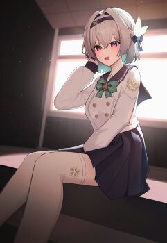 13_(jjusan13) 1girl absurdres alternate_hairstyle black_hairband bow bowtie checkered_bow checkered_bowtie checkered_clothes commentary firefly_(honkai:_star_rail) firefly_(spring_missive)_(honkai:_star_rail) gradient_eyes green_bow green_bowtie green_pupils grey_hair grey_sailor_collar grey_skirt hair_between_eyes hairband highres honkai:_star_rail honkai_(series) multicolored_eyes plaid_bow plaid_bowtie plaid_clothes sailor_collar school_uniform shirt skirt solo symbol-only_commentary white_shirt