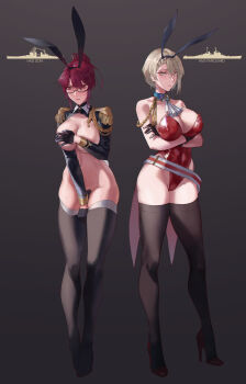 2girls absurdres aiguillette animal_ears ascot bare_shoulders black_sleeves breasts brown_background brown_gloves brown_thighhighs cleavage commentary commentary_request contrapposto covering_privates dangodes detached_collar english_commentary epaulettes fake_animal_ears gloves grey_eyes grey_hair half_gloves heart_maebari high_heels highleg highleg_leotard highres hms_lion_(1939) hms_vanguard large_breasts leotard looking_at_viewer maebari mixed-language_commentary multiple_girls original personification playboy_bunny rabbit_ears red_eyes red_hair red_leotard red_shoes reverse_bunnysuit reverse_outfit shoes simple_background sleeve_cuffs strapless strapless_leotard thighhighs white_ascot