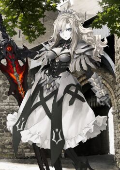 Rule 34 | 1girl, arm at side, armor, balmung kriemhild (fate), black boots, black collar, black corset, black gloves, black pantyhose, black sleeves, blue eyes, boobplate, boots, braid, breastplate, breasts, cleavage, closed mouth, clothing cutout, collar, corset, crown braid, curtained hair, detached sleeves, fate/grand order, fate (series), feet out of frame, frown, game cg, gauntlets, gloves, hair over one eye, hand up, high collar, high heels, holding, holding sword, holding weapon, konoe ototsugu, kriemhild (fate), kriemhild (third ascension) (fate), large breasts, long hair, long sidelocks, long sleeves, looking at viewer, medium skirt, mole, mole under eye, official art, outstretched arm, pale skin, pantyhose, parted bangs, pauldrons, ponytail, ponytail with braided base, shoulder armor, sidelocks, skirt, solo, standing, strapless, swept bangs, sword, third-party source, tiara, v-shaped eyebrows, variant set, weapon, white hair, white skirt, wide ponytail