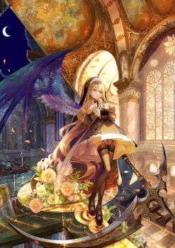 Rule 34 | 1girl, absurdres, arm up, black ribbon, black shoes, black veil, blonde hair, breasts, brown thighhighs, capelet, church, commentary request, crescent moon, cross, cross necklace, cross print, day and night, dress, feathered wings, finger to mouth, flower, gloves, highres, huge weapon, indoors, ito lab, jewelry, lace, lace-trimmed thighhighs, lace trim, light rays, long hair, medium breasts, moon, necklace, nun, nun headdress, original, parted lips, pleated dress, purple wings, red eyes, ribbon, scenery, scythe, shoes, shushing, side part, solo, split image, stained glass, standing, stole, sunbeam, sunlight, thighhighs, veil, very long hair, weapon, white capelet, white gloves, wings