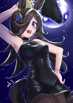 1girl animal_ears armpits black_dress black_pantyhose blush bracelet breasts brown_hair commentary_request dress flipped_hair hair_ornament hair_over_one_eye hand_fan highres holding holding_fan horse_ears horse_girl horse_tail jewelry long_hair looking_at_viewer medium_breasts neru_ika open_mouth pantyhose purple_eyes rice_shower_(umamusume) shirt sleeveless sleeveless_shirt smile solo tail teeth umamusume upper_teeth_only