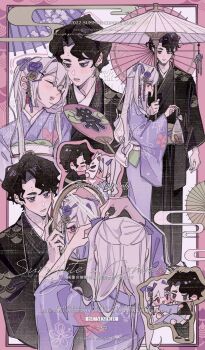 absurdres chibi couple flat_color highres holding holding_umbrella japanese_clothes kimono lantern long_hair looking_at_another mirror multiple_views umbrella white_hair xiabai