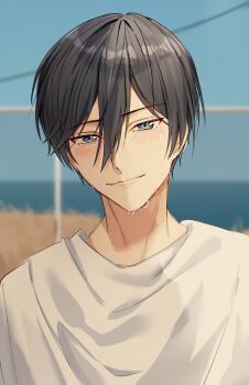 Rule 34 | 1boy, black hair, blue eyes, blurry, blurry background, closed mouth, commentary request, crying, crying with eyes open, depth of field, ensemble stars!, fuuma (huuma 1totomaru), hair between eyes, hidaka hokuto, looking at viewer, male focus, ocean, outdoors, shirt, short hair, solo, streaming tears, tears, white shirt