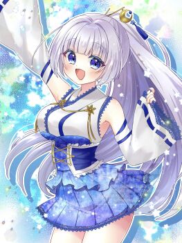 Rule 34 | 1girl, :d, arm up, blue eyes, blue skirt, blunt bangs, blush, breasts, cowboy shot, crescent, crescent hair ornament, detached sleeves, floating hair, grey hair, hair ornament, hand up, highres, japanese clothes, kimono, lace, lace-trimmed kimono, lace-trimmed skirt, lace-trimmed sleeves, lace trim, large breasts, long hair, long sleeves, looking at viewer, miniskirt, momomoyn, open mouth, original, pleated skirt, ponytail, skirt, sleeve ribbon, sleeveless, sleeveless kimono, sleeves past wrists, smile, solo, standing, star (symbol), very long hair, white kimono, white sleeves, wide ponytail