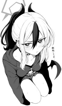 1girl blue_archive blush breasts bright_pupils choker closed_mouth cola commentary curved_horns daiji_pt double-parted_bangs earclip from_above greyscale hair_between_eyes halo highres kayoko_(blue_archive) long_bangs long_hair long_sidelocks low_twintails miniskirt monochrome multicolored_hair pleated_skirt ponytail sidelocks skirt small_breasts solo squatting streaked_hair sweat symbol-only_commentary translation_request twintails v-shaped_eyebrows zipper_pull_tab