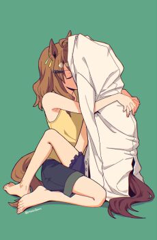 2girls agnes_tachyon_(umamusume) ahoge animal_ears arms_around_neck barefoot black_shorts brown_hair closed_eyes coat ear_ornament full_body green_background hair_ornament hairclip highres horse_ears horse_girl horse_tail implied_kiss interlocked_fingers jungle_pocket_(umamusume) lab_coat leg_between_thighs mazu1kan medium_hair multiple_girls purple_shorts shorts sitting tail twitter_username umamusume white_coat yuri