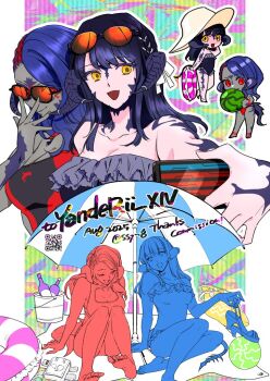 2girls :d adjusting_eyewear alternate_eye_color asymmetrical_hair au_ra bag bare_arms bare_shoulders barefoot beach blue_hair blue_horns blue_one-piece_swimsuit blue_scales bottle breasts bucket cellphone chibi cleavage cleavage_cutout clothing_cutout colored_skin commission commissioner_name cornrows dated dragon_girl dragon_horns dragon_tail eyewear_on_head final_fantasy final_fantasy_xiv food frilled_one-piece_swimsuit frills fruit full_body grey_skin hand_on_eyewear hat holding holding_food holding_fruit holding_phone holding_shoes holding_unworn_clothes holding_watermelon horns long_hair looking_at_another medium_breasts multi-source_commentary multicolored_hair multiple_girls multiple_views one-piece_swimsuit one_eye_closed open_mouth orange-tinted_eyewear origami_yukari_(ff14_character) original parasol phone red_hair risika_dotharl_(yanderisika) sasaya_(ssyng_) selfie shoes sitting skeb_commission smartphone smile soles sun_hat swept_bangs swim_ring swimsuit tail thank_you tinted_eyewear toes twitter_username two-tone_hair umbrella unworn_shoes warrior_of_light_(ff14) watermelon yellow_eyes