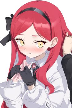 1boy 1girl black_gloves blue_archive blush d_(delt4) gloves hairband halo looking_at_viewer red_hair red_halo shirt takane_(blue_archive) white_shirt yellow_eyes