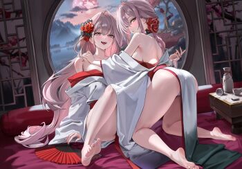 2girls absurdres ass bare_legs bare_shoulders barefoot bottle breasts choko_(cup) commentary_request cup feet flower goddess_of_victory:_nikke grey_hair hair_flower hair_intakes hair_ornament hand_on_another's_shoulder highres hu_unmin incest japanese_clothes kimono large_breasts long_hair looking_at_viewer multiple_girls official_alternate_costume open_mouth panties red_flower red_rose rose rose_(nikke) sake_bottle scarlet_(black_shadow)_(longing_flower)_(nikke) scarlet_(nikke) siblings sideboob sisters smile soles toes underwear very_long_hair white_kimono white_panties yuri