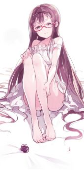 1girl akemi_homura alternate_costume bags_under_eyes black_hair closed_mouth collarbone commentary_request convenient_censoring dress frilled_dress frills glasses hair_spread_out hairband hand_on_own_knee hand_on_own_leg highres kokoro6636 legs long_hair mahou_shoujo_madoka_magica panties red-framed_eyewear sitting solo soul_gem underwear very_long_hair white_background white_dress