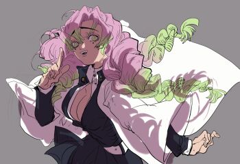 Rule 34 | 1girl, breasts, cleavage, commentary, demon slayer uniform, green eyes, green hair, grey background, hair between eyes, haori, highres, japanese clothes, kanroji mitsuri, kimetsu no yaiba, looking at viewer, mole, mole under eye, pink hair, quad braids, sidelocks, simple background, smile, solo, symbol-only commentary, upper body, white haori, yuan jessie0430