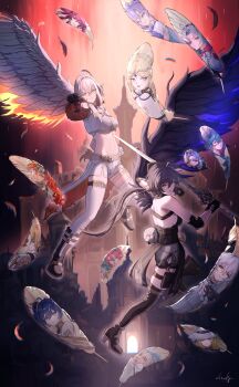 2girls absurdres ahoge aiming aiming_at_viewer augusta_(wuthering_waves) avidius_(wuthering_waves) bare_shoulders black_boots black_gloves black_hair black_wings boots bra brant_(wuthering_waves) breasts cantarella_(wuthering_waves) carlotta_(wuthering_waves) cartethyia_(wuthering_waves) chromatic_aberration chucky_(chucky1000sun) ciaccona_(wuthering_waves) closed_mouth commentary_request cropped_jacket elbow_pads everyone feathered_wings feathers female_rover_(wuthering_waves) fenrico_(wuthering_waves) galbrena_(wuthering_waves) gloves grey_hair gun hair_between_eyes highres holding holding_gun holding_sword holding_weapon iuno_(wuthering_waves) jacket low_ponytail lupa_(wuthering_waves) medium_breasts multiple_girls official_alternate_color pangu_terminal_(wuthering_waves) pantyhose phoebe_(wuthering_waves) ponytail roccia_(wuthering_waves) rover_(wuthering_waves) shorts signature single_leg_pantyhose single_thighhigh single_wing sword tacet_mark_(wuthering_waves) thigh_boots thigh_strap thighhighs underwear weapon white_bra white_feathers white_jacket white_pantyhose white_shorts white_thighhighs white_wings wings wuthering_waves yellow_eyes zani_(wuthering_waves)