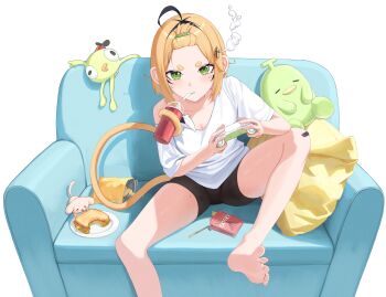 1girl absurdres ahoge bandaid bandaid_on_knee bandaid_on_leg bare_legs barefoot bike_shorts bing_bong_(peak) blonde_hair blush breasts chips_(food) cleavage collarbone controller couch cup dooby drinking_straw feet food foot_out_of_frame forehead game_controller grey_background hair_ornament hairclip highres holding holding_controller holding_game_controller indie_virtual_youtuber legs looking_at_viewer mole mole_on_thigh mouth_hold on_couch pillow plate pocky potato_chips sandwich shirt short_eyebrows short_hair short_sleeves simple_background single_off_shoulder sitting soles spread_toes stuffed_animal stuffed_toy t-shirt thick_eyebrows toes v-shaped_eyebrows virtual_youtuber yubbiidraw