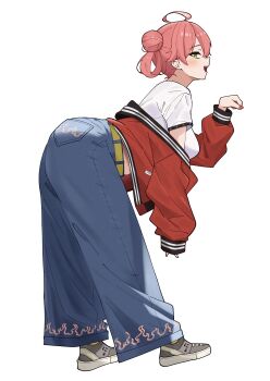 1girl absurdres ahoge blush commentary_request from_side full_body hair_bun highres hololive jacket leaning_forward loose_pants maholooon midriff_peek nail_polish off_shoulder open_mouth pink_hair profile red_jacket red_nails sakura_miko shirt shoes simple_background sneakers solo t-shirt virtual_youtuber white_background white_shirt