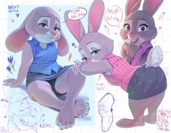 1boy 1girl :3 animal animal_ears animal_feet animal_hands animal_nose arm_support arrow_(symbol) artist_name ass bare_shoulders barefoot baseball_cap bent_over black_eyes black_panties black_skirt blue_background blue_border blue_eyes blue_shirt blush body_fur bonnie_hopps border breasts brown_eyes buck_teeth carrot character_name chibi chibi_inset claws closed_eyes closed_mouth collared_shirt commentary constricted_pupils english_text eyeshadow feet flower food_print from_behind full_body furry furry_female furry_with_furry furry_with_non-furry grey_fur grid_background half-closed_eye half-closed_eyes hand_to_own_mouth hand_up hands_up happy hat heart heart-shaped_pupils hetero highres hug indian_style interspecies inuki_(aruurara) kiss leaning_back leaning_forward legs light_blush looking_at_viewer looking_back makeup miniskirt motion_lines multiple_views nose_blush notice_lines open_mouth outline outside_border panties pantyshot pawpads pencil_skirt pink_shirt plaid_clothes plaid_shirt purple_eyeshadow purple_shirt rabbit rabbit_ears rabbit_girl rabbit_tail romaji_text shirt simple_background sitting skirt sleeveless sleeveless_shirt small_breasts smile snout speech_bubble spoken_heart spoken_object standing symbol-shaped_pupils symbol_in_eye tail talking teeth thighs tongue tongue_out two-tone_fur u_u underwear upskirt white_background white_border white_fur white_outline wide-eyed zootopia