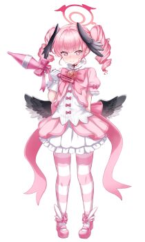 1girl absurdres alternate_costume alternate_hairstyle arm_behind_back black_wings blue_archive blush bow closed_mouth commentary cosplay drill_hair feathered_wings gloves halo head_wings highres holding_rocket jacket koharu_(blue_archive) kuma_piv low_wings magical_girl pantyhose pink_bow pink_eyes pink_hair pink_jacket pink_pantyhose pink_shoes red_halo reisa_(blue_archive) reisa_(blue_archive)_(cosplay) reisa_(magical)_(blue_archive) rocket shirt shoes short_sleeves sidelocks skirt smile solo striped_clothes striped_pantyhose sweat twin_drills white_gloves white_shirt white_skirt wings