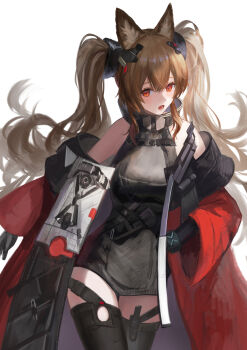 1girl absurdres angelina_(arknights) animal_ear_fluff animal_ears arknights arknights:_endfield bare_shoulders belt black_gloves bracelet breasts brown_hair coat commentary_request contrapposto cowboy_shot dress elbow_gloves floating_hair fox_ears fox_girl gilberta_(arknights) gloves grey_dress hair_between_eyes hand_on_own_hip high_belt highres infection_monitor_(arknights) jewelry long_hair long_sleeves looking_at_viewer lower_teeth_only medium_breasts open_clothes open_coat open_mouth red_coat red_eyes short_dress simple_background solo teeth thighhighs twintails white_background yujia zettai_ryouiki