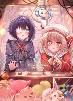 Rule 34 | + +, 2girls, absurdres, ahoge, alternate costume, alternate headwear, black dress, blonde hair, blue eyes, blush, bow, bowtie, character doll, chinese commentary, chuunibyou demo koi ga shitai!, commentary request, controller, crane game, crossover, crystal, crystal wings, dated, doll, dress, english text, eyepatch, fang, flandre scarlet, fumo (doll), hair between eyes, hat, highres, joystick, long sleeves, medical eyepatch, medium hair, multicolored wings, multiple girls, one side up, open mouth, red eyes, red shirt, school uniform, shirt, skin fang, smile, stuffed animal, stuffed toy, takanashi rikka, teddy bear, top-exerou, touhou, white hat, wings, yellow bow, yellow bowtie