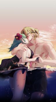 1boy 1girl ass bare_arms bare_back bikini black_bikini black_male_swimwear black_swim_trunks blonde_hair breasts commentary_request couple dimitri_alexandre_blaiddyd dimitri_alexandre_blaiddyd_(timeskip) emcgame eyepatch female_byleth_(awakened)_(fire_emblem) female_byleth_(fire_emblem) female_byleth_(summer)_(fire_emblem) fire_emblem fire_emblem:_three_houses fire_emblem_heroes flower from_side green_hair hair_flower hair_ornament hetero hibiscus highres holding_hands kiss large_breasts male_swimwear medium_hair nintendo official_alternate_costume official_alternate_hair_color outdoors partially_submerged partially_underwater_shot pectorals red_flower short_hair sideboob sunset swimsuit thick_thighs thighs topless_male water
