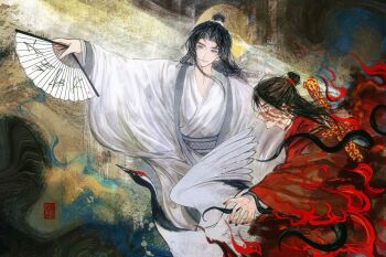 2boys bandaged_neck bandages bird black_hair black_nails blood blood_on_neck bloody_bandages blue_eyes chinese_clothes chinese_commentary closed_mouth coin coin_mask coin_sword crane_(animal) creature dao_gui_yi_xian faux_traditional_media fire floating_clothes floating_hair folding_fan hair_bun hair_ribbon half_updo hand_fan hand_fan_writing hanfu highres holding holding_fan holed_coin ink_wash_painting li_huowang li_sui_(tentacles) long_hair long_sleeves looking_at_viewer looking_to_the_side male_focus mask mouth_veil multiple_boys nail_polish outstretched_arm paper_fan parted_lips profile red_eyes red_hanfu red_robe red_scrunchie ribbon robe sash scrunchie seal_impression single_hair_bun string sword sword_on_back tentacles upper_body veil weapon weapon_on_back white_hanfu white_ribbon white_robe wide_sleeves yansi111 yaoi zhongguo_hua zhuge_yuan