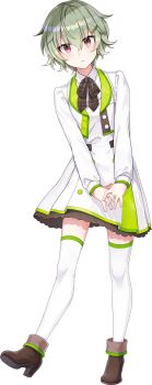 1girl belt bent_over blush boots breasts brown_belt brown_boots brown_ribbon closed_mouth collared_shirt cue! full_body green_hair hair_ornament hairclip highres jacket kano_shiho leg_up long_sleeves looking_at_viewer multicolored_jacket official_art outstretched_arms own_hands_together plaid_ribbon red_eyes ribbon shirako_miso shirt sidelocks simple_background small_breasts solo standing standing_on_one_leg tachi-e thighhighs transparent_background tsurime two-tone_jacket two-tone_skirt wavy_hair white_jacket white_shirt white_thighhighs
