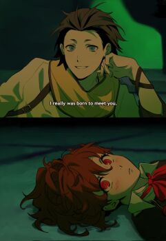 1boy 1girl black_hair black_jacket blue_eyes blush bow bowtie brown_hair collared_shirt commentary elbow_rest english_commentary english_text evangelion:_3.0_you_can_(not)_redo gekkoukan_high_school_uniform grin hair_between_eyes hair_slicked_back hand_on_own_cheek hand_on_own_face hetero highres ikari_shinji ishida_akira_(voice_actor) jacket kinigoni looking_at_another looking_at_viewer lying mochizuki_ryouji mole mole_under_eye multiple_pov nagisa_kaworu neon_genesis_evangelion on_back on_side parted_lips persona persona_3 persona_3_portable ponytail pov rebuild_of_evangelion red_bow red_eyes scarf scene_reference school_uniform shiomi_kotone shirt short_hair smile split_screen subtitled suspenders voice_actor_connection white_shirt wing_collar yellow_scarf