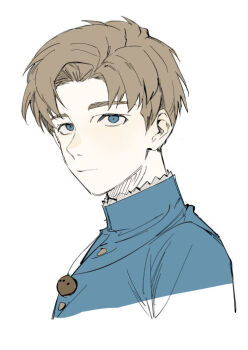 Rule 34 | 1boy, blonde hair, blue eyes, blue jacket, chi.: chikyuu no undou ni tsuite, closed mouth, jacket, jewelry, kadeart, looking at viewer, male focus, necklace, rafal (chi.), short hair, simple background, solo, white background