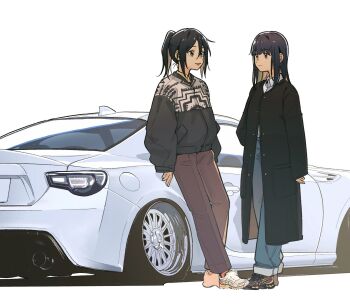 2girls aqua_eyes black_coat black_hair black_jacket blue_pants bonryuu brown_eyes brown_pants car closed_mouth coat hibike!_euphonium highres jacket kasaki_nozomi leaning_against_vehicle liz_to_aoi_tori long_coat long_hair long_sleeves looking_at_another medium_hair motor_vehicle multiple_girls pants parted_lips ponytail shoes simple_background smile sneakers sports_car stance_(vehicle) standing toyota toyota_86 wheel white_background yoroizuka_mizore