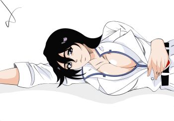 1girl bambietta_basterbine bkaart27 black_hair bleach bleach:_sennen_kessen-hen breasts cleavage large_breasts long_hair lying on_side quincy_(bleach) solo