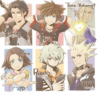 1girl 5boys 777 777_(subarashiki_kono_sekai) ahoge armband armor arms_behind_head ascot black_jacket blonde_hair blue_ascot blue_eyes blue_shirt border brown_eyes brown_hair chain chain_necklace character_name closed_mouth crossed_arms final_fantasy final_fantasy_vii final_fantasy_vii_remake final_fantasy_x final_fantasy_x-2 fingerless_gloves gloves green_eyes grey_eyes grey_hair grin hair_between_eyes hair_slicked_back heterochromia holding holding_phone holding_staff holding_weapon hood hood_down hoodie jacket japanese_armor jewelry kanade_rindo kingdom_hearts kingdom_hearts_ii kingdom_hearts_iii long_hair mask mask_pull mouth_mask multiple_boys necklace o_yaszzzzz orange_hoodie parted_bangs phone portrait shirt short_hair skull_choker smile sonon_kusakabe sora_(kingdom_hearts) spiked_hair staff subarashiki_kono_sekai suit_jacket teeth terra-xehanort upper_body weapon white_border white_jacket xehanort_(kingdom_hearts) yellow_armband yellow_eyes yuna_(ff10)