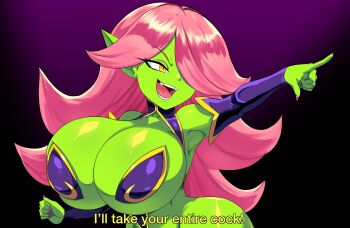1girl armpits black_background breasts colored_skin dart_(thecon) detached_sleeves english_text fangs fingernails gigantic_breasts goblin gradient_background green_skin one_eye_covered open_mouth original pasties pink_hair pointing pointy_ears purple_background sharp_fingernails smile yellow_eyes
