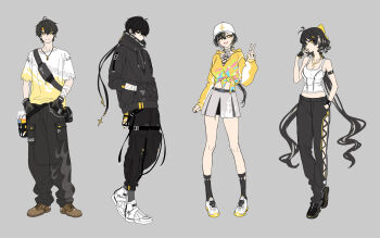 1boy 1girl alternate_costume arm_strap bare_shoulders baseball_cap black_gloves black_hair black_hoodie black_pants black_socks breasts commentary_request dl_(dl_6ix) dual_persona female_rover_(wuthering_waves) gloves grey_background grey_skirt hand_in_pocket hand_up hat highres hood hoodie korean_commentary long_hair looking_at_viewer male_rover_(wuthering_waves) medium_breasts multiple_views one_eye_closed orange_shirt pants reference_sheet rover_(wuthering_waves) shirt shoes simple_background skirt socks tied_shirt two-tone_shirt v white_hat white_shirt white_shoes wuthering_waves yellow_eyes yellow_shirt