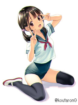 1girl black_hair black_thighhighs blue_one-piece_swimsuit blue_sailor_collar breasts brown_eyes covered_navel double_v flat_chest koutaro long_hair low_twintails neckerchief one-piece_swimsuit original red_neckerchief sailor_collar sailor_shirt school_uniform serafuku shirt shoes simple_background sitting small_breasts solo swimsuit swimsuit_under_clothes thighhighs twintails twitter_username uwabaki v wariza white_background