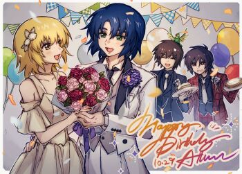 1girl 3boys athrun_zala balloon black_hair blonde_hair blue_hair blush bouquet brown_hair cagalli_yula_athha closed_eyes collared_shirt couple dated dress flower formal_clothes green_eyes gundam gundam_seed hair_ornament happy_birthday highres jacket kira_yamato long_sleeves multiple_boys necktie open_mouth red_eyes shinn_asuka shiro_kunugi shirt short_hair smile suit yellow_eyes