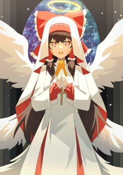+_+ 1girl absurdres alternate_costume alternate_species angel angel_wings bow brown_hair chinese_commentary commentary_request cross dress frilled_bow frilled_hair_tubes frills hair_bow hair_tubes hakurei_reimu halo highres long_hair long_sleeves looking_at_viewer multiple_wings nun nun_headdress open_mouth own_hands_together red_bow red_eyes sdftehn seraph smile solo touhou very_long_hair white_dress white_wings wings